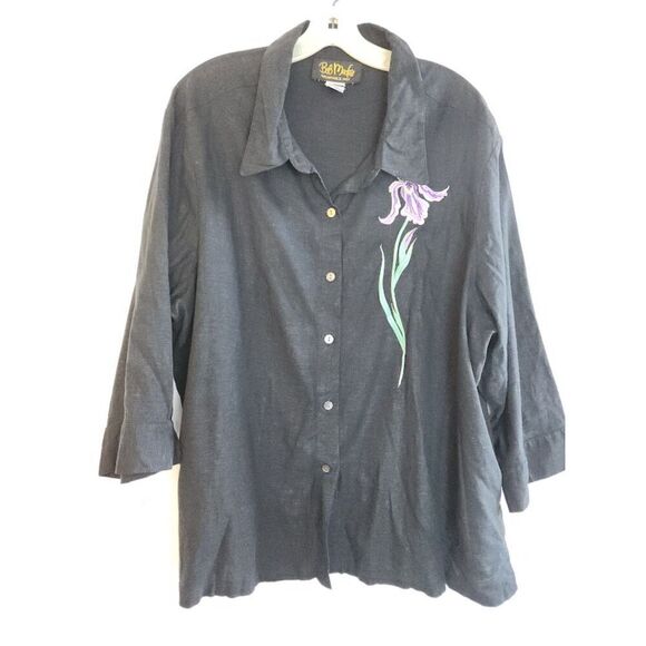 Bob Mackie Women Black w/Purple Floral Embroidered Linen Blend Button Up Top 1X - Picture 6 of 7
